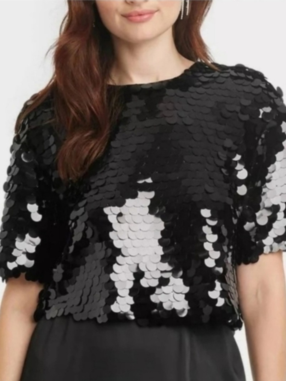 a new day Black Sequin Paillette Short-Sleeve Crop Top